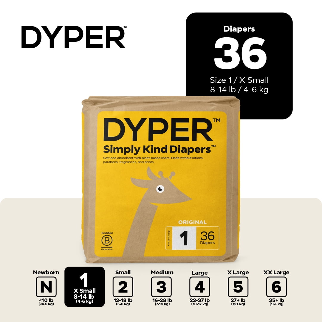 DYPER Simply Kind Diapers, Remarkably Soft, Size 1, 36 Count (Select For More Options)