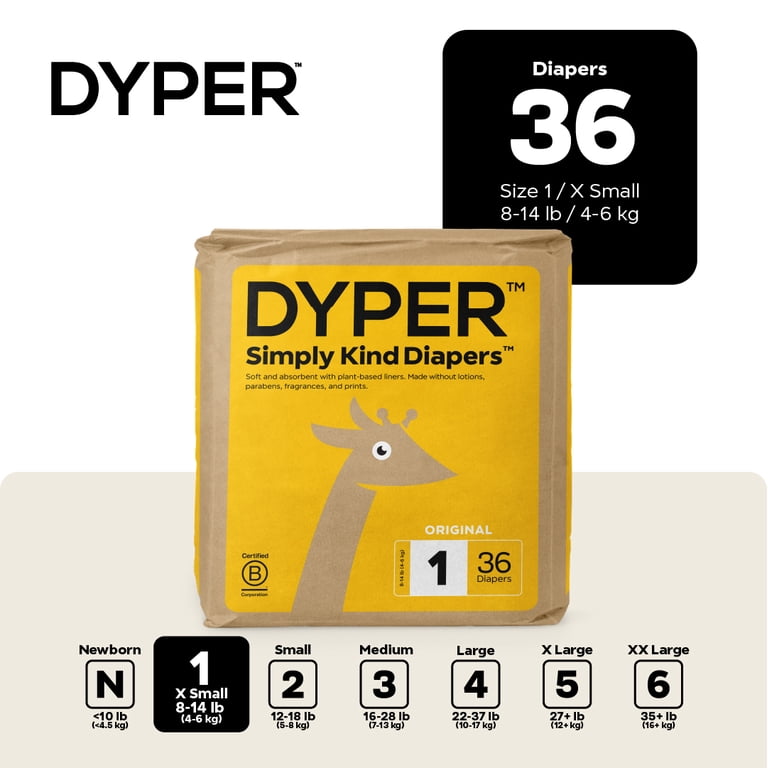 DYPER Simply Kind Diapers, Remarkably Soft, Size 1, 36 Count (Select For More Options)