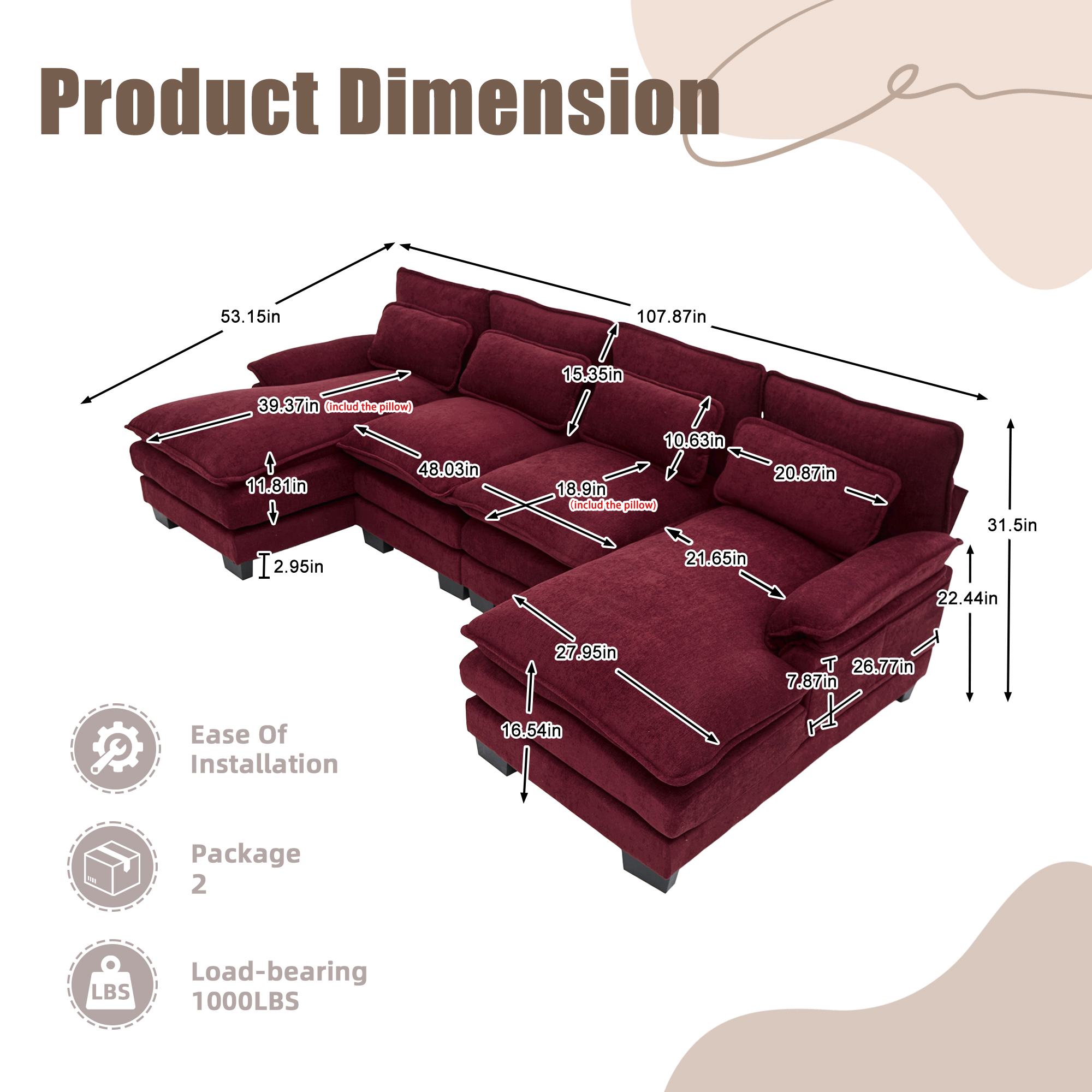 MOONMISS Chenille Upholstered U-Shaped Modular Wood Frame Sleeper Sectional Sofa with Double Chaise-Claret Red