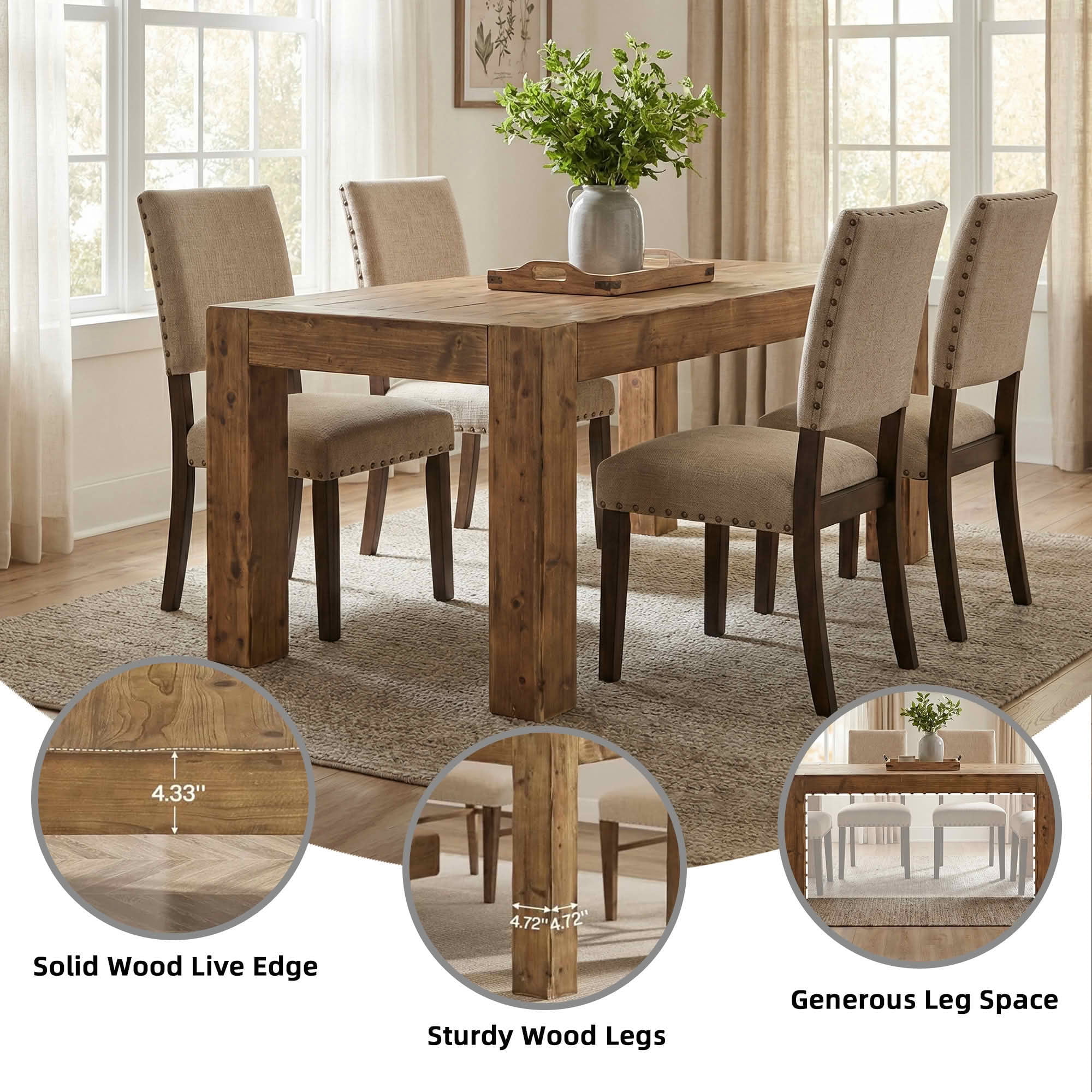 MAYEERTY 63" Solid Wood Farmhouse Dining Table, Rustic Brown 4-6 Seater Thick Top Multiuse Kitchen & Office Table