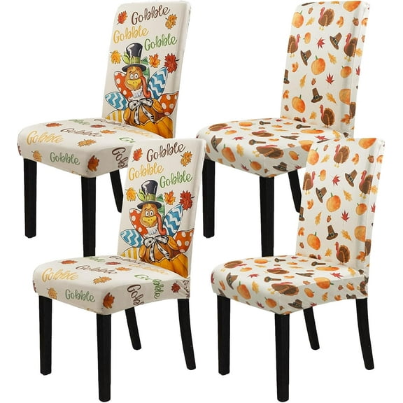 Thanksgiving Chair Cover Set of 4 Pumpkin Turkey Dining Room Slipcovers Stretch Parsons Chair Seat Protectors Fall Thanksgiving Decor-4PCS