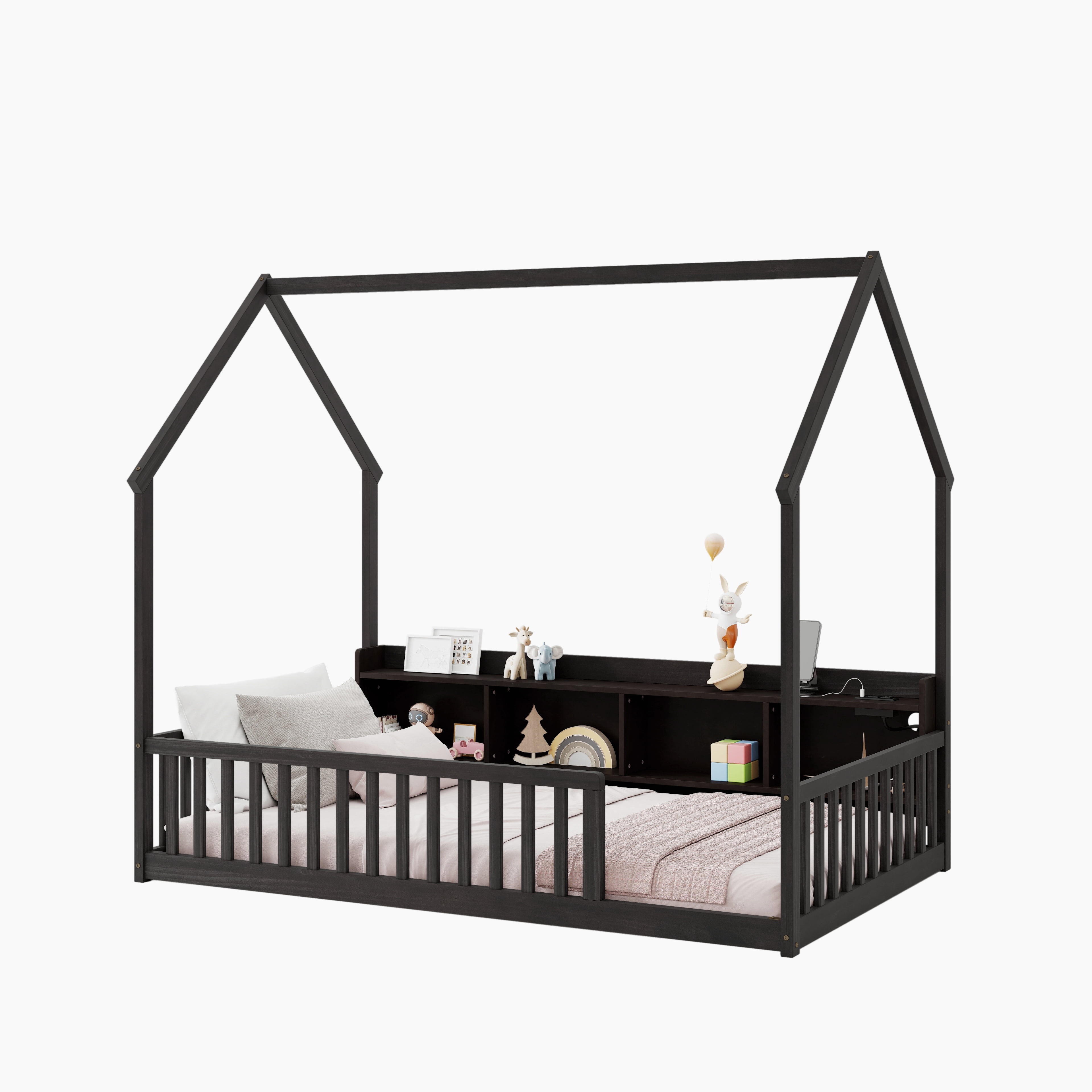 Floor Bed with House Design and Storage Shelves, Twin Pine Wood Platform Bed and Charging Station Bed Frame with LED Lights and Guardrails, Espresso
