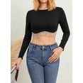 thumbnail image 6 of Arvbitana Women Contrast Color Rhinestone Fringe Trim Pullover Long Sleeve Round Neck Ribbed Crop Tops Spring Fall Casual Slim Fit Expose Navel Blouses Lightweight Shirt, 6 of 9