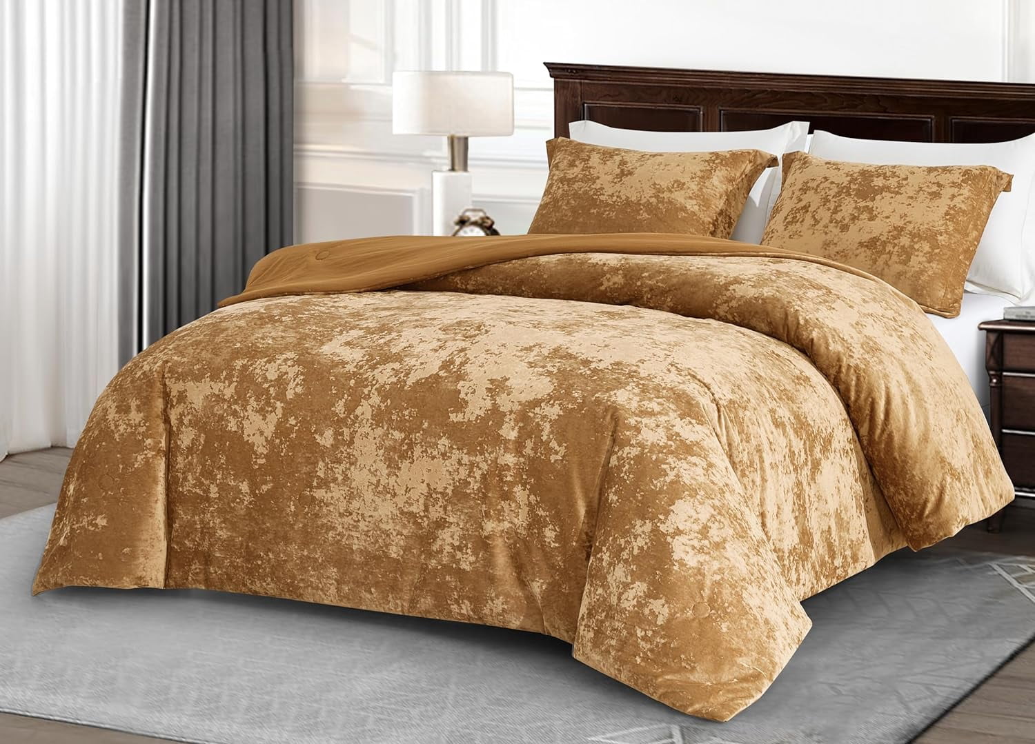 Chezmoi Collection Lux 3-Piece Caramel Gold Velvet Comforter Set King Size, All Season Lush Plush Velvet Bedding Set with Soft Washed Microfiber Reverse