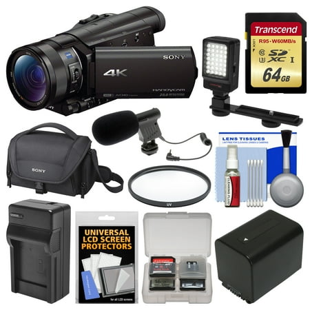 Sony Handycam FDR-AX100 Wi-Fi 4K HD Video Camera Camcorder with 64GB Card + Case + LED Light + Battery & Charger + Mic + Filter + Kit