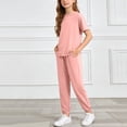 thumbnail image 5 of Ruiwill Girls Outfit Set Solid Color Crew Neck Short Sleeve Casual Comfortable Tops With Pants Set Summer Dailywear Girls Outfit Set Size 11-12 Years Pink, 5 of 6