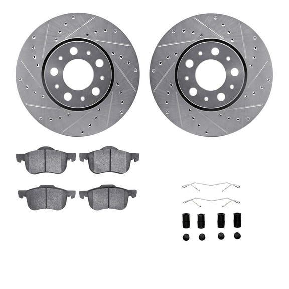 Dynamic Friction Company Front Brake Rotors-Drilled and Slotted-Silver with 5000 Advanced Brake Pads includes Hardware 7512-27030