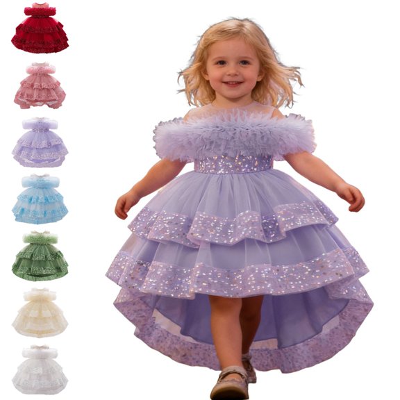 Bmisegm Toddler Dress Carnival off Shoulder Embellished Neckline Layered Ruffled Cake High Low Tutu Dress Kids Dress 12-18 Months