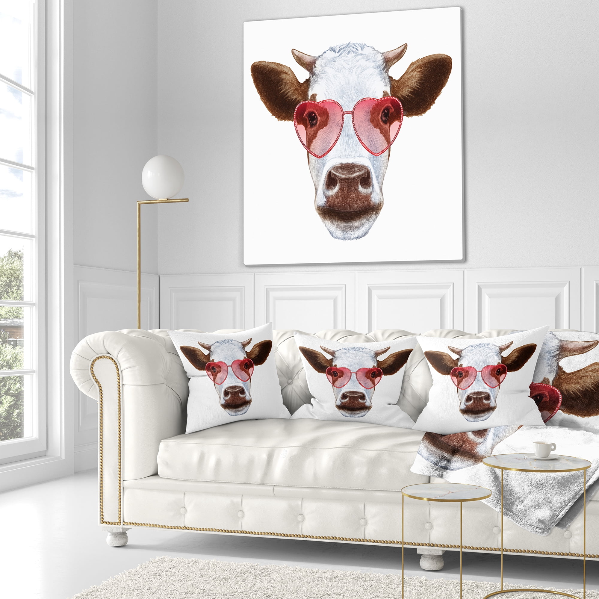 Designart Cow with Red Heart Glasses - Animal Throw Pillow - 16x16