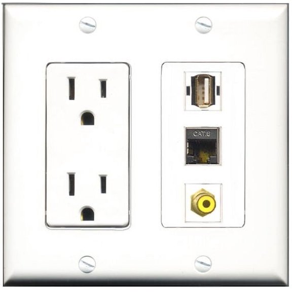 RiteAV - 15 Amp Power Outlet 1 Port RCA Yellow 1 Port USB A-A 1 Port Shielded Cat6 Ethernet Ethernet Decorative Wall Plate