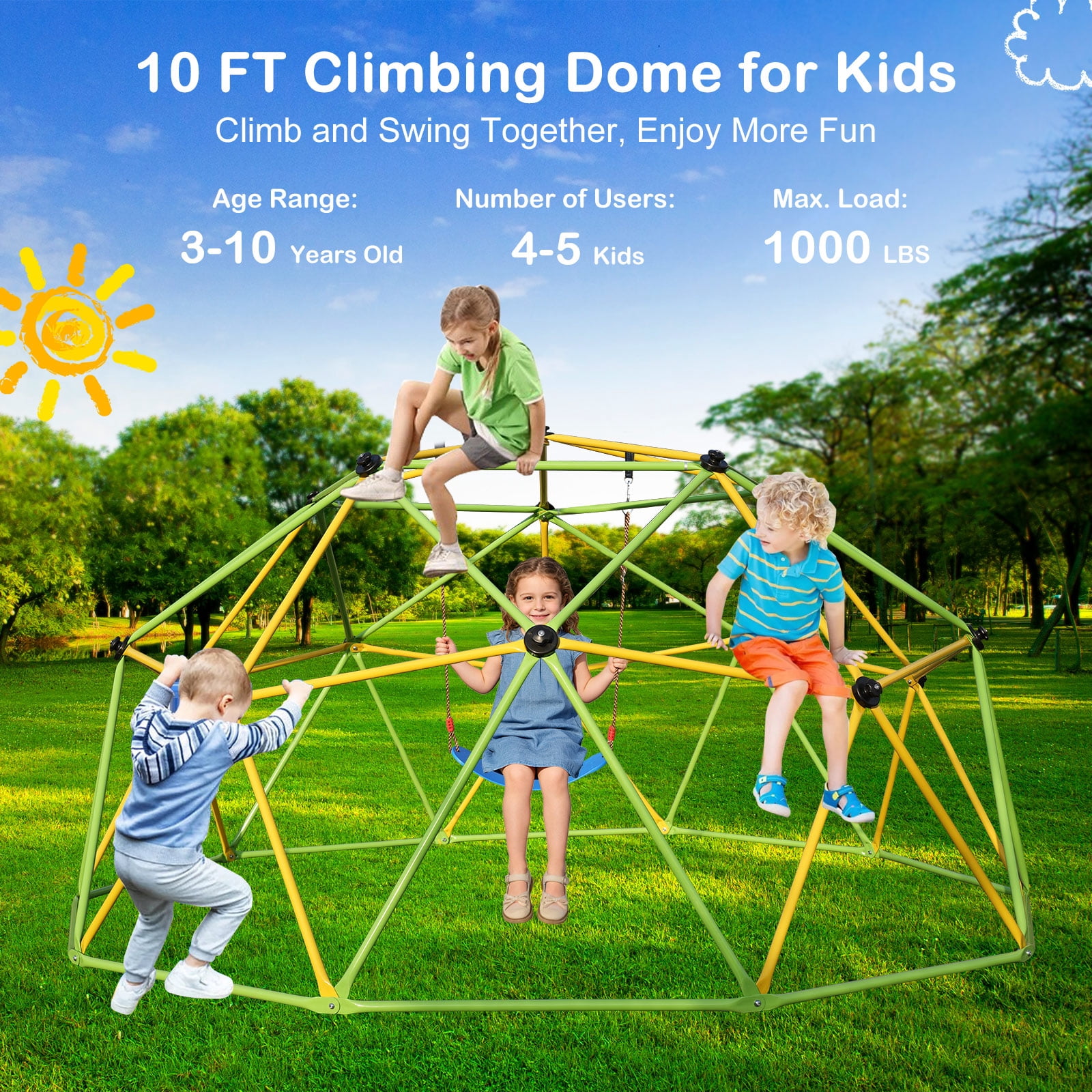 10FT Climbing Dome for Kids Jungle Gym Apply To Park Dome Climber With Swing Playground Equipment, Green