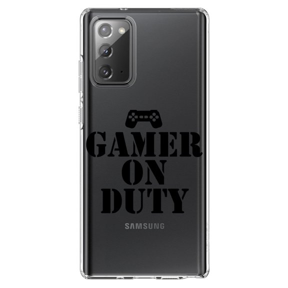 DistinctInk Clear Shockproof Hybrid Case for Samsung Galaxy Note 20 (6.7" Screen) - TPU Bumper Acrylic Back Tempered Glass Screen Protector - Gamer on Duty Video Games