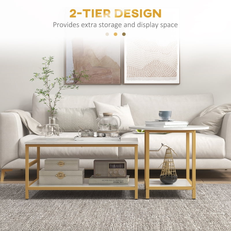 HOQBN Coffee Table Set of 2, Rectangle and Round Coffee Tables with Storage Shelves, Faux Marble Top, Living Room Table Set