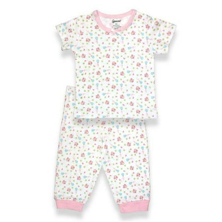 H781G-1-18-BR 2 Piece Girls Pink & White Short Sleeve Pajama, Birdies Print - 18 Months