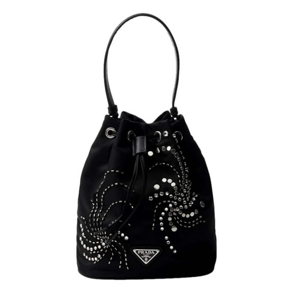 Prada Re-Nylon Mini Drawstring Bucket Bag Black Beaded Embroidered New