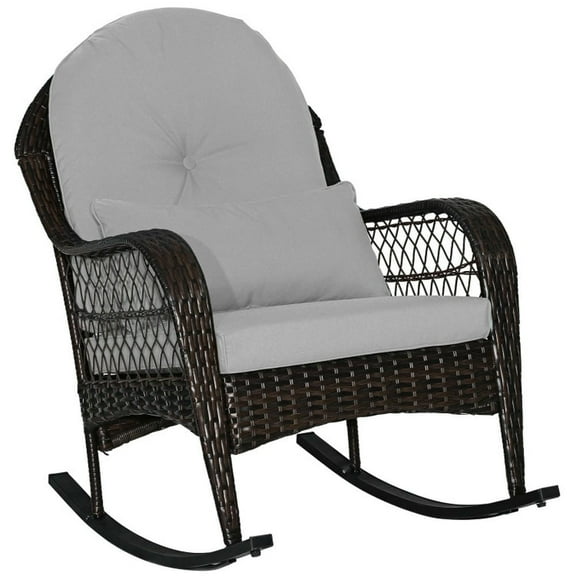 Resenkos Rocking Patio Bistro Outdoor Chairs,Patio Rattan Rocking Chair with Seat Back Cushions and Waist Pillow-Gray