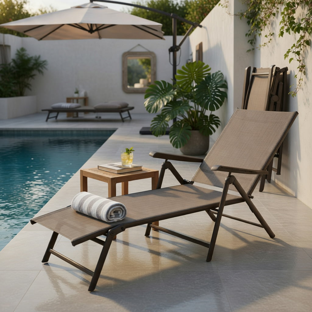 Hommoo Foldable Outdoor Chaise Lounge Chair with Adjustable Backrest & Footrest, Steel Frame for Patio, Poolside & Garden, Brown