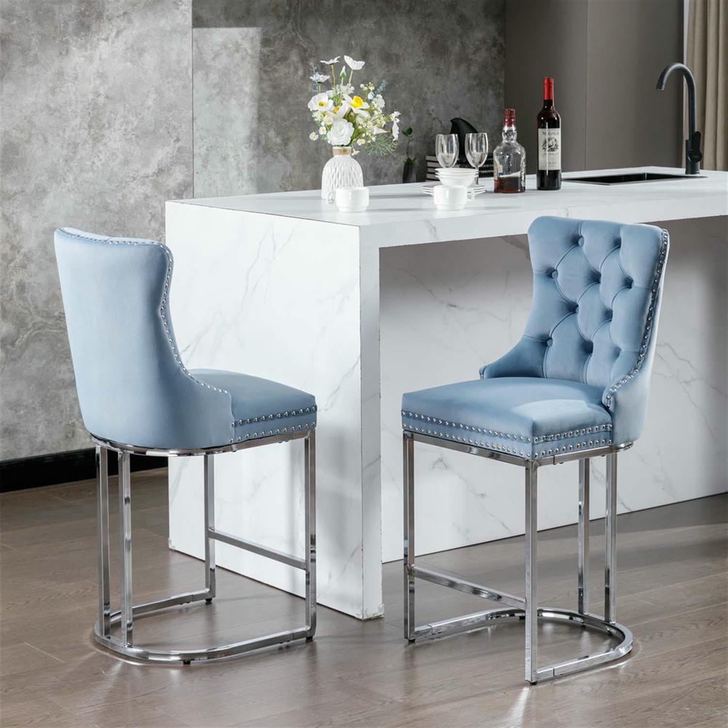 Demi Bonn 39" Counter Height Bar Stools Set of 2, Velvet Barstools with Button Backrest, Kitchen Island Countertop Chairs for Dining Room, Blue