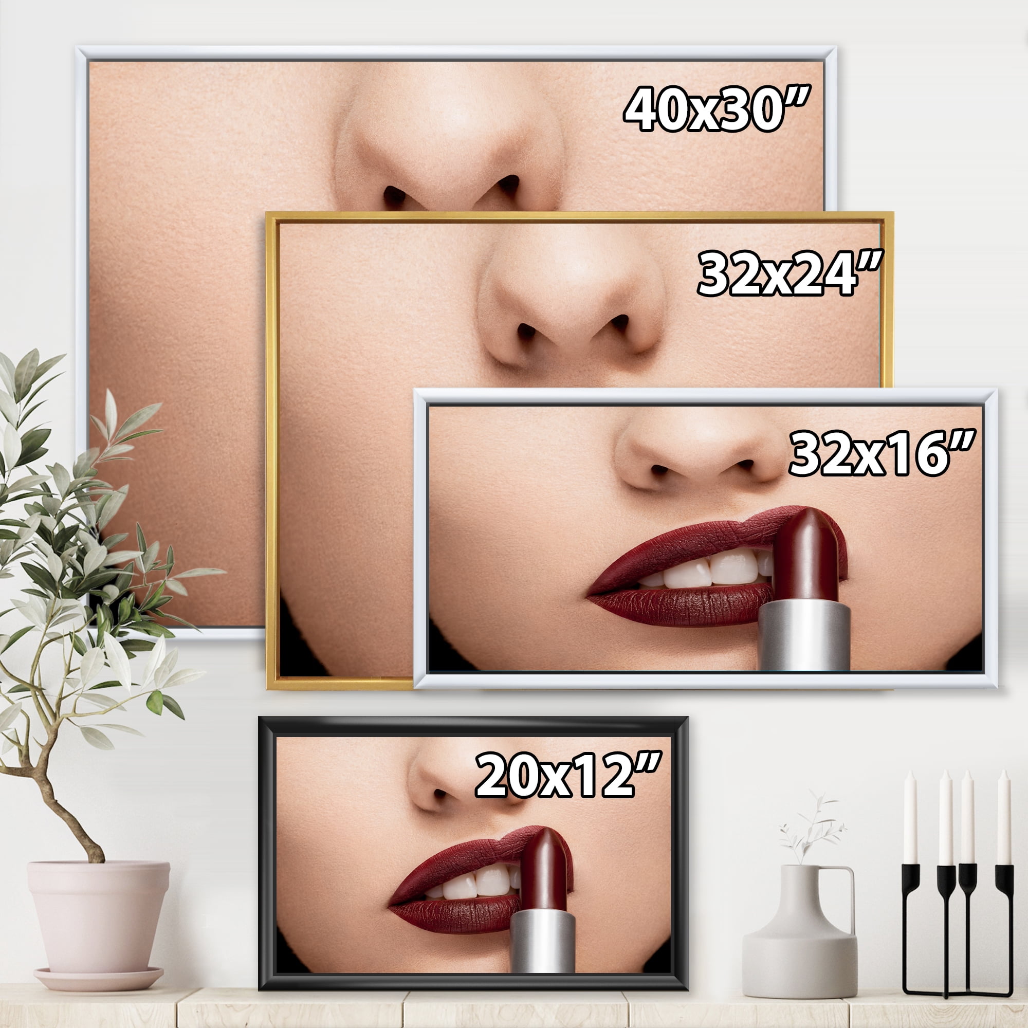 Designart 'Woman Applying Red Lipstick On Lips II' Modern Framed Canvas Wall Art Print