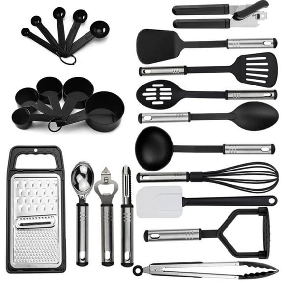 Amdohai Stainless Steel Kitchen Utensil Set 24 Pcs Non-Stick and Heat Resistant Cooking Utensils Set Kitchen Tools Useful Pots and Pans Accessories and Kitchen Gadgets (Black)