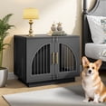 thumbnail image 6 of ModFurne Dog Crate Furniture End Table, 31.5" Wooden Dog Kennel with Double Arched Doors & 4 Lock Latches, Sturdy Iron Bar Dog Cage, Decorative Pet Crate for Medium/Small Dogs, Black, 6 of 8