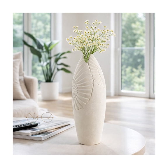 Sagebrook Home Elegant Oval Vase with Spiral Design for Living Room Decor - Coastal Ceramic Flower Vase for Home and Bedroom - 21", Ivory & Tan