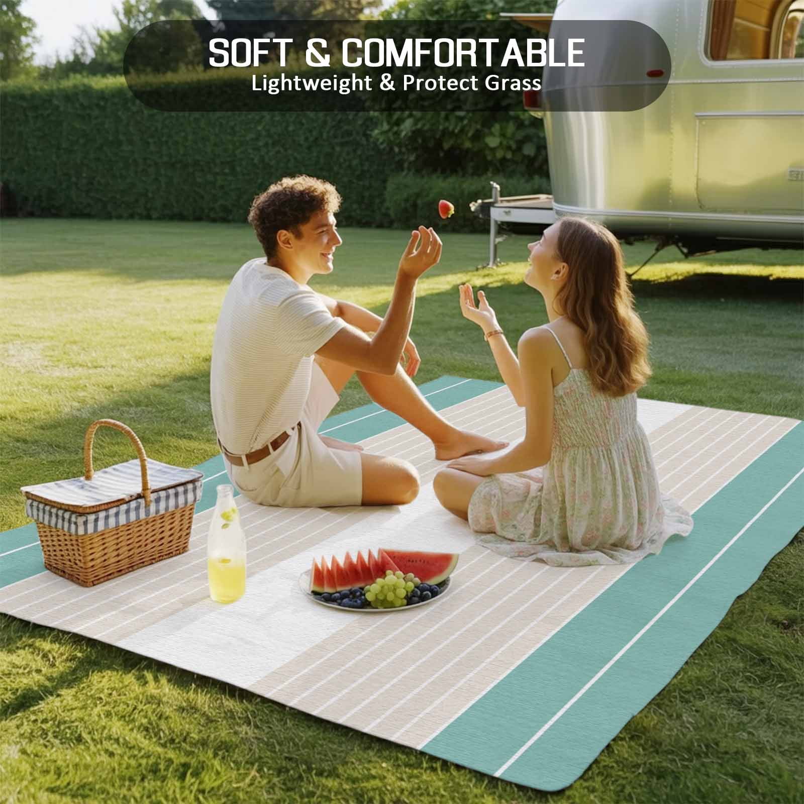 Turquoise Beige Stripe Outdoor Rug 3x5 Ft - Reversible Patio Rug Outdoor Camping Rugs, Modern Art Horizontal Striped Washable Indoor Outdoor Area Rugs, Non-Slip Outdoor Carpet Runner for Deck/Porch