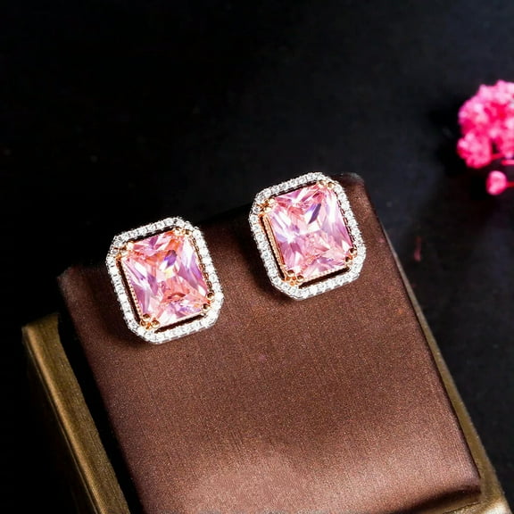 Fashion Silver Plated Pink Cubic Zirconia CZ Square Cut Stud Earrings for Women