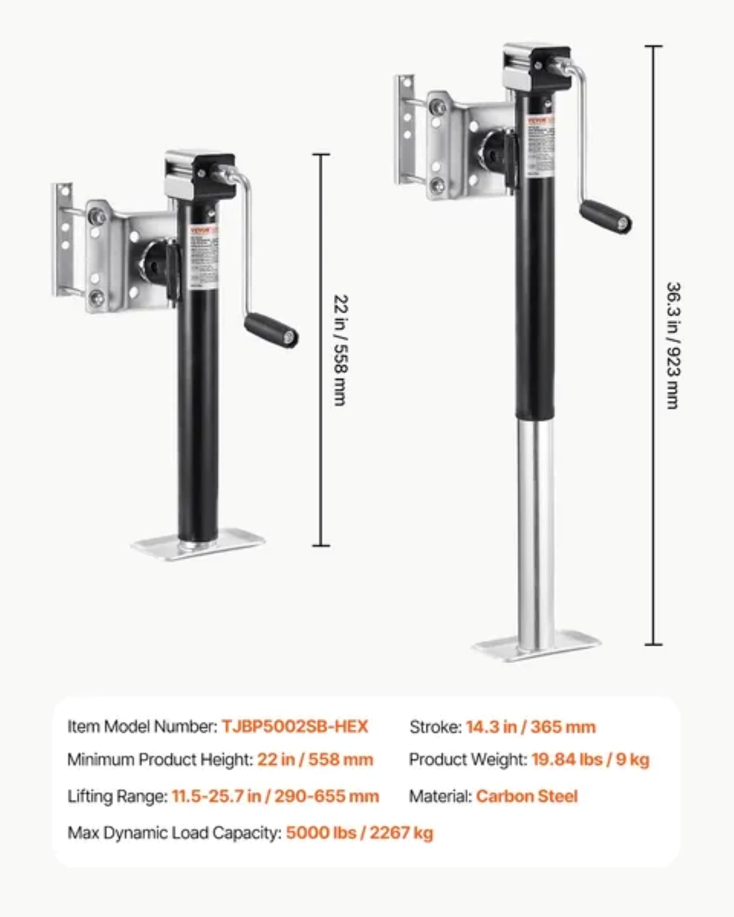 Trailer Jack, 5000 lbs Dynamic Load Capacity, Heavy Duty Swivel Bolt-on Trailer Jack, 14.3" Lift Trailer Jack Stand with Handle for RV Trailer, Horse Trailer, Utility Trailer, and Yacht Trailer