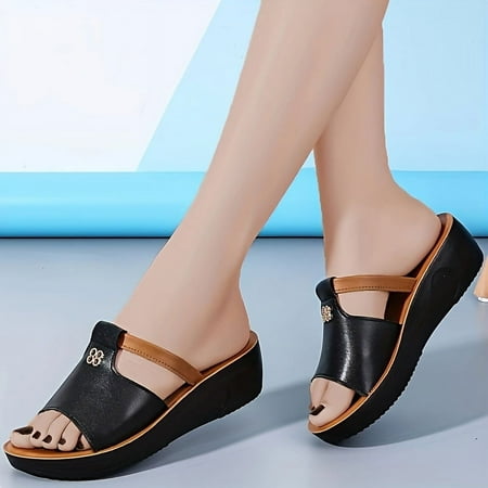 Women s Non-slip Wedge Summer Shoes  Solid Color Platform Sandals  Slip On Buckle Decor Soft Sole Casual Slides-35