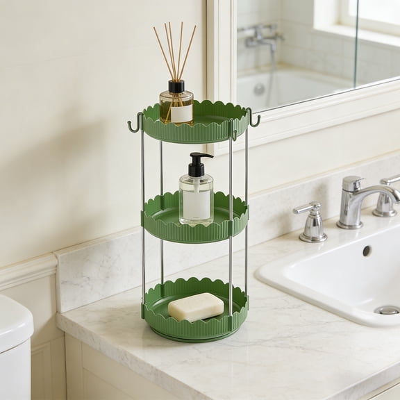 3-Tier Rotating Scalloped Edge Storage Rack - Detachable Countertop Organizer for Bathroom, Kitchen & Vanity