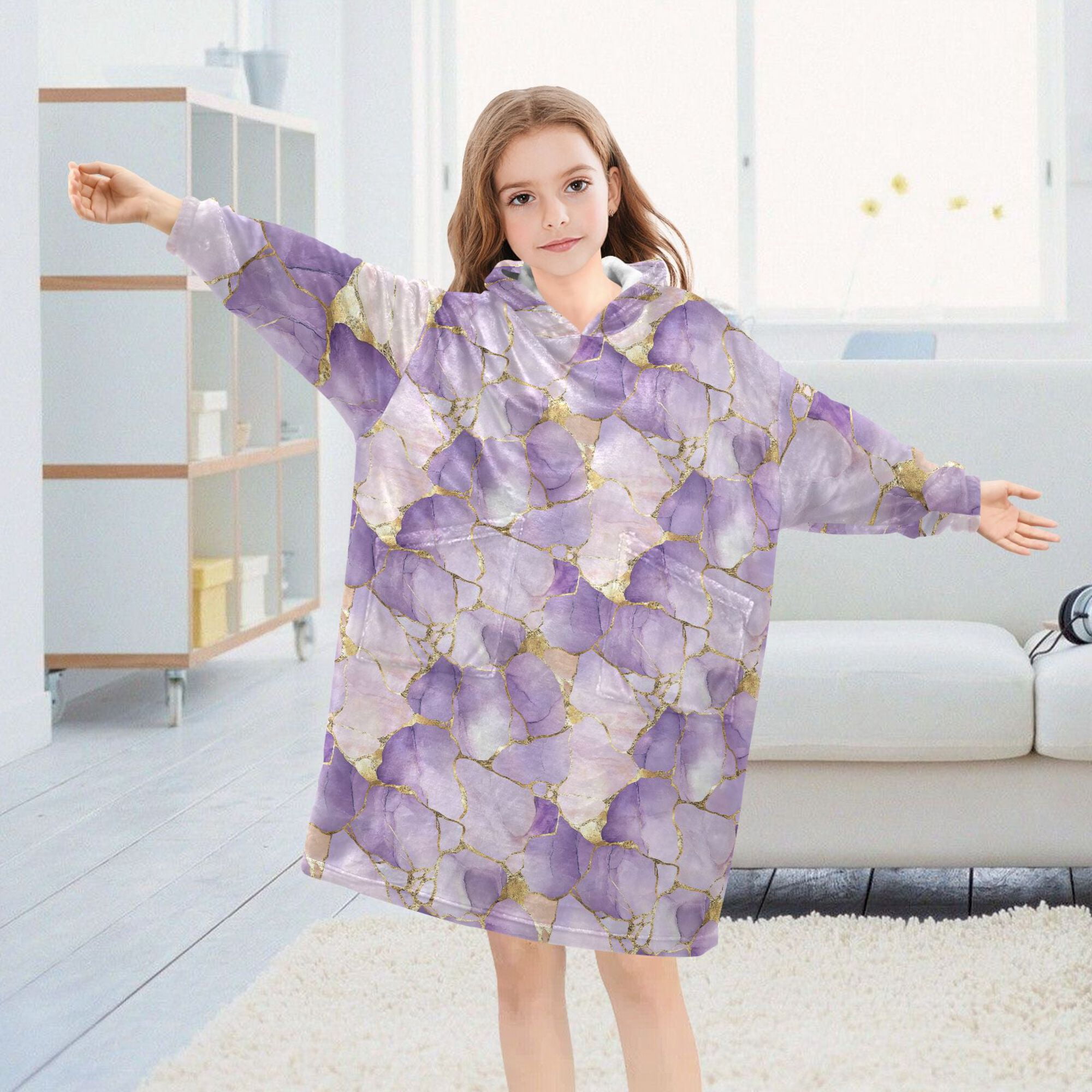 FORMRS Wearable Blanket Hoodie with Sleeves for Kids Cozy Flannel Sweatshirt, Pastel Purple Marble Pattern