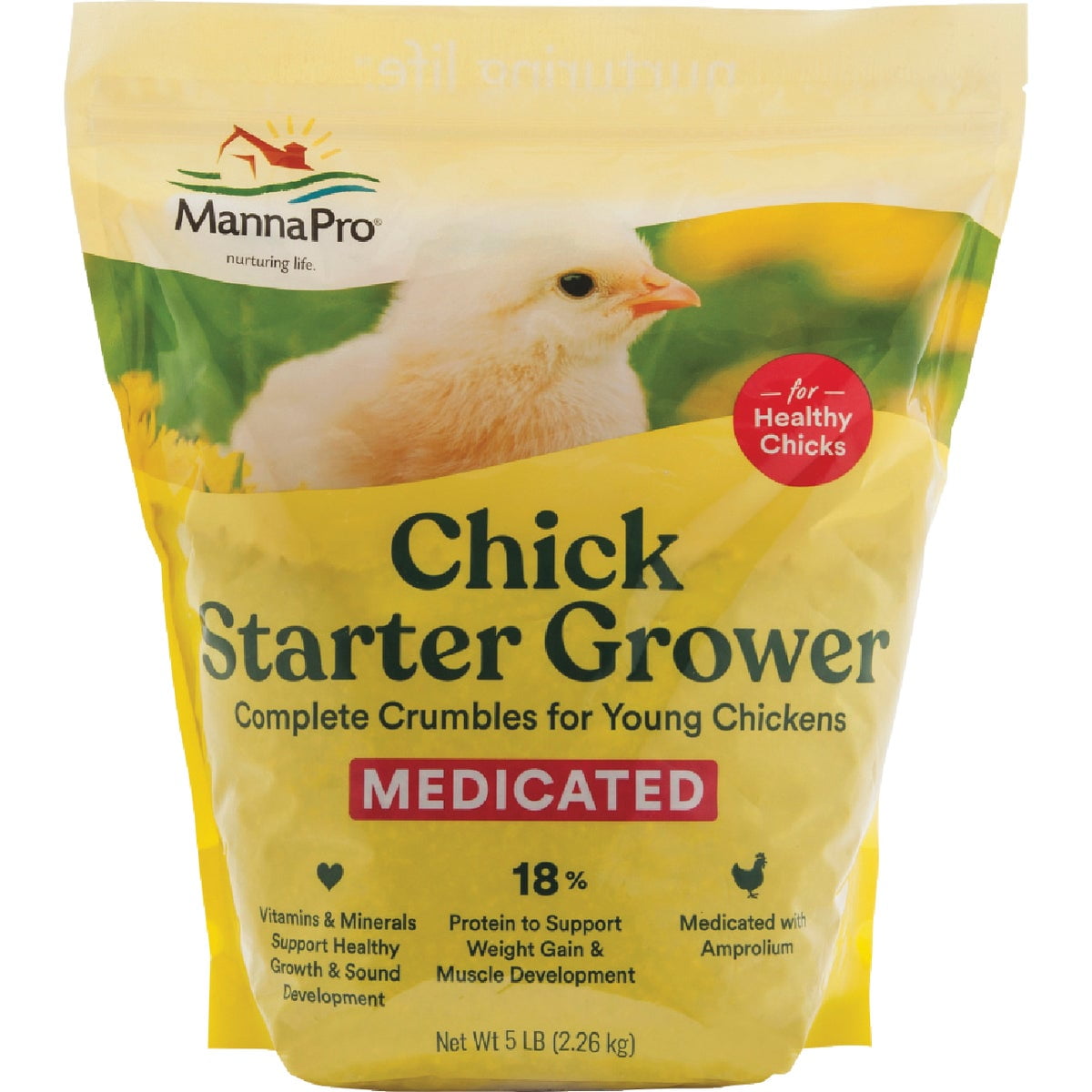Manna Pro Medicated Chick Starter Grower - Crumbled Chick Feed - Feed for Young Chickens - 6-Pack of 5lbs