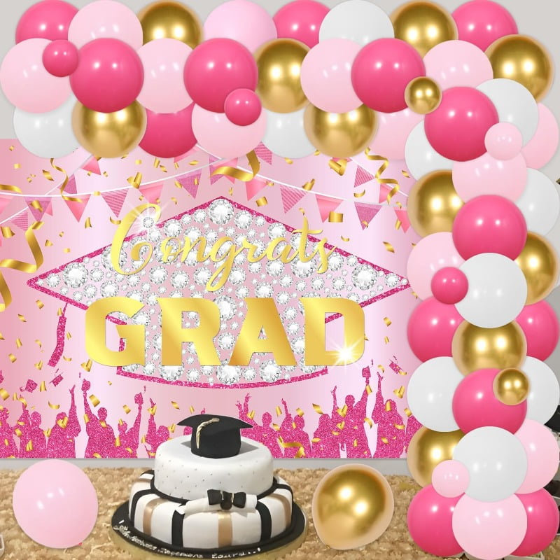 71Pcs Congrats Grad Decorations 2024, Pink and Golden Graduation Decor with Rose Golden Congrats Grad Backdrop Pink and Golden Balloon Garland Arch Kit for Class of 2024 Grad Prom School Grad Party