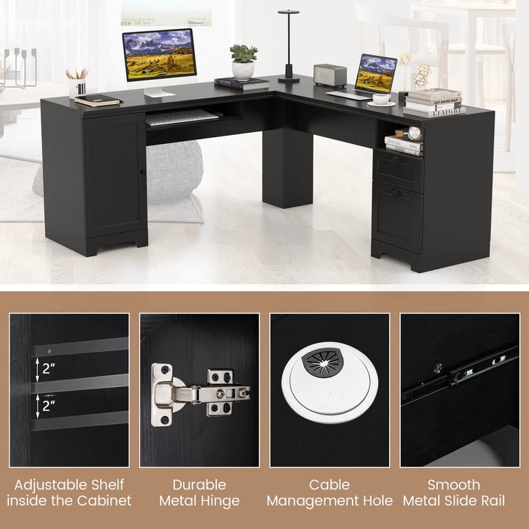 Costway Small Office Wood L-Shaped Corner Desk with Drawers