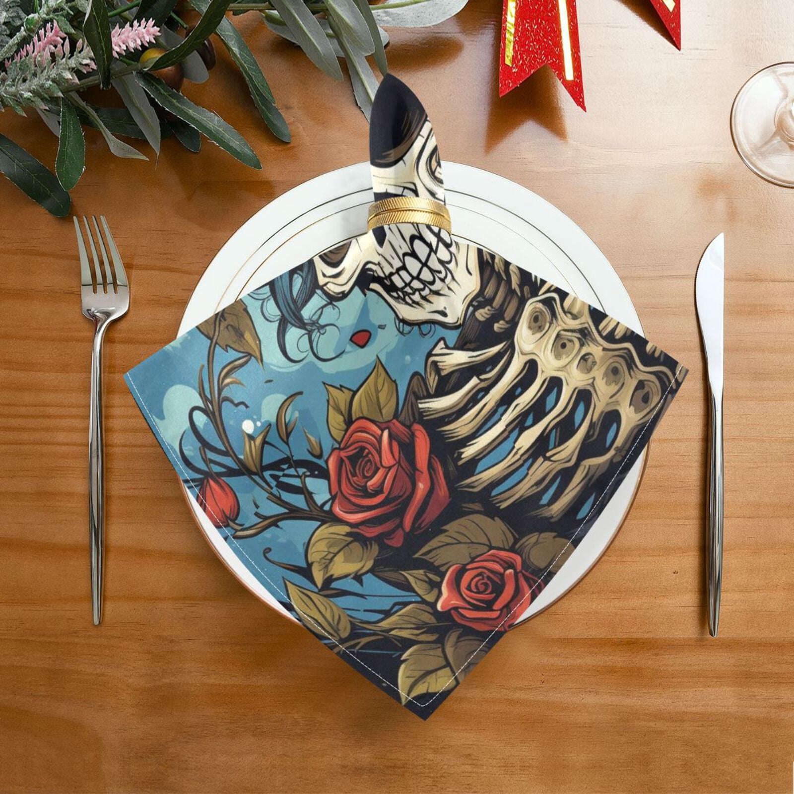 JSTEL Skull Rose Flowers Cloth Napkins Set of 6, 20x20 Inch Washable and Reusable Napkin for Decoupage Dinner Party Everyday Use