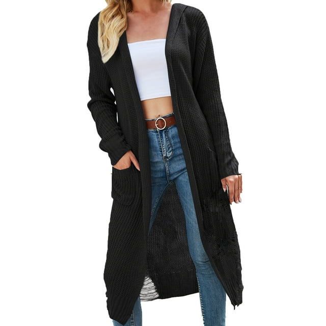 Cárdigan largo de punto hueco con dobladillo sólido de manga larga con cuello en V para mujer Fridja BV0+4489