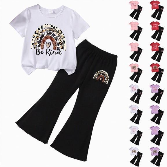zaveiop Girls Clothes 2 Piece Short Sleeve Bow Print Tops Flared Pants Set Little Girl Outfits Size 2-7 (D, 6-7 Years)