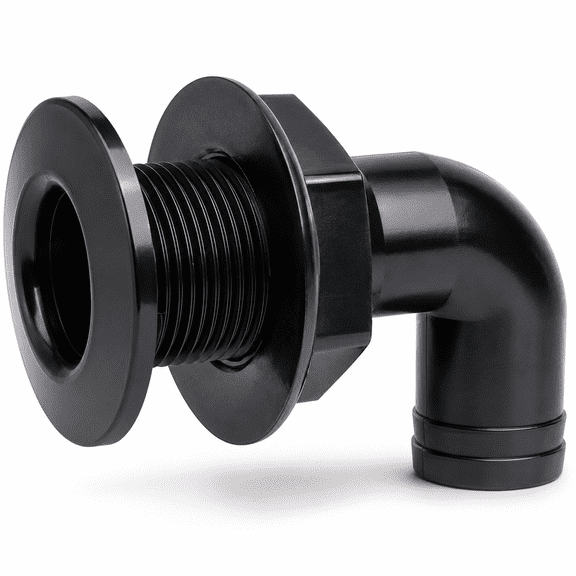 ABPETE 1-Inch Thru Hull Fitting, 90-Degree ABS Plastic Through-Hull Connector with Threaded Locking Nut for Boat, Yacht and Marine Drain Plumbing, Black