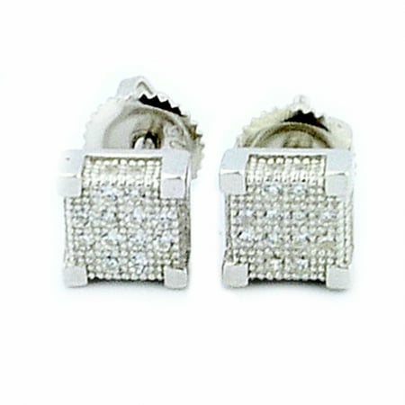 Cube Sterling Silver Earrings - Cube Shaped Stud Earrings Sterling Silver With CZ 6.5mm Wide Screw Back