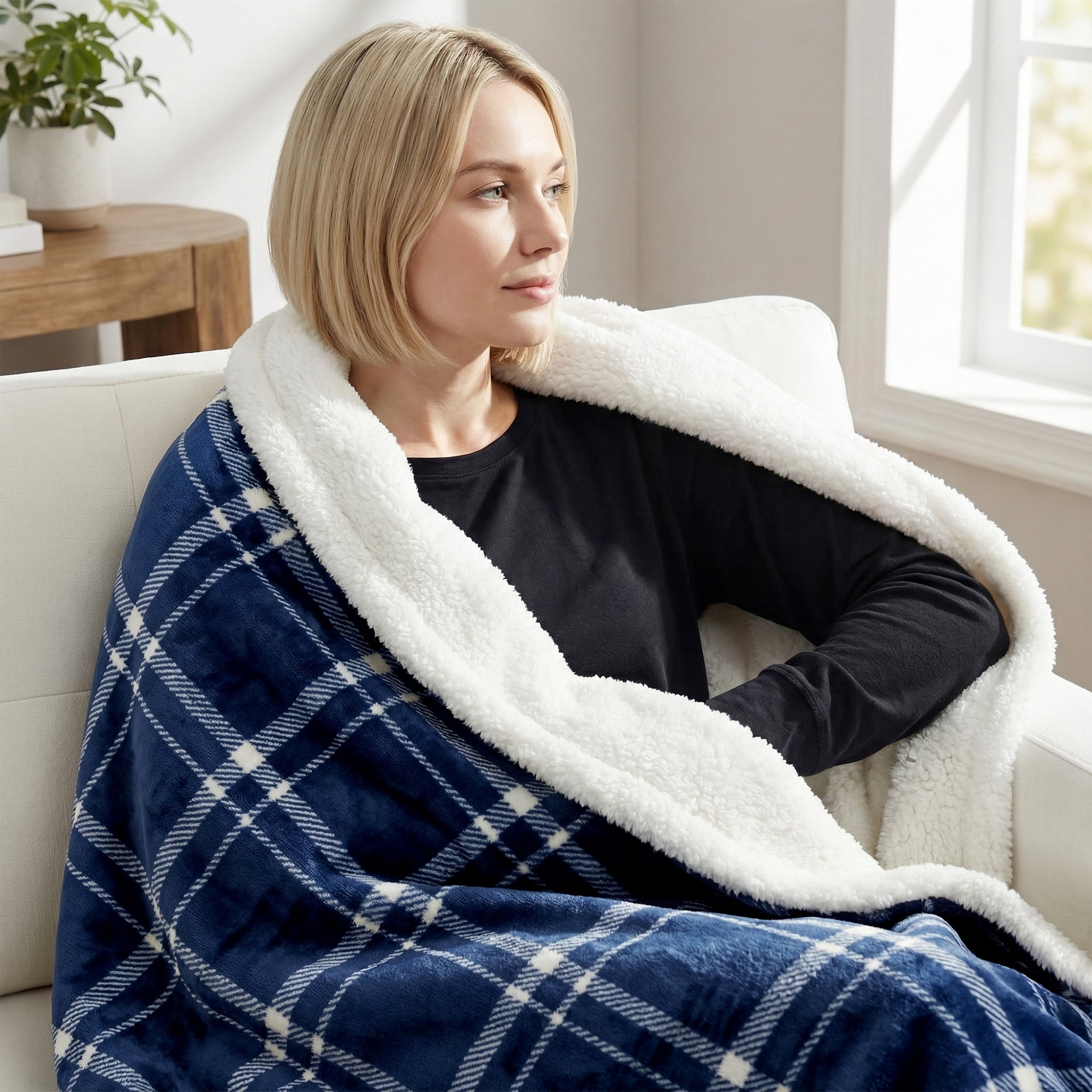 Americanflat 60x80 Oversized Tattersall Fleece Throw Blanket - Reversible Sherpa Backing - Ultra Soft Plush Comfort - Cozy Warmth For Couch Or Bed - Blue