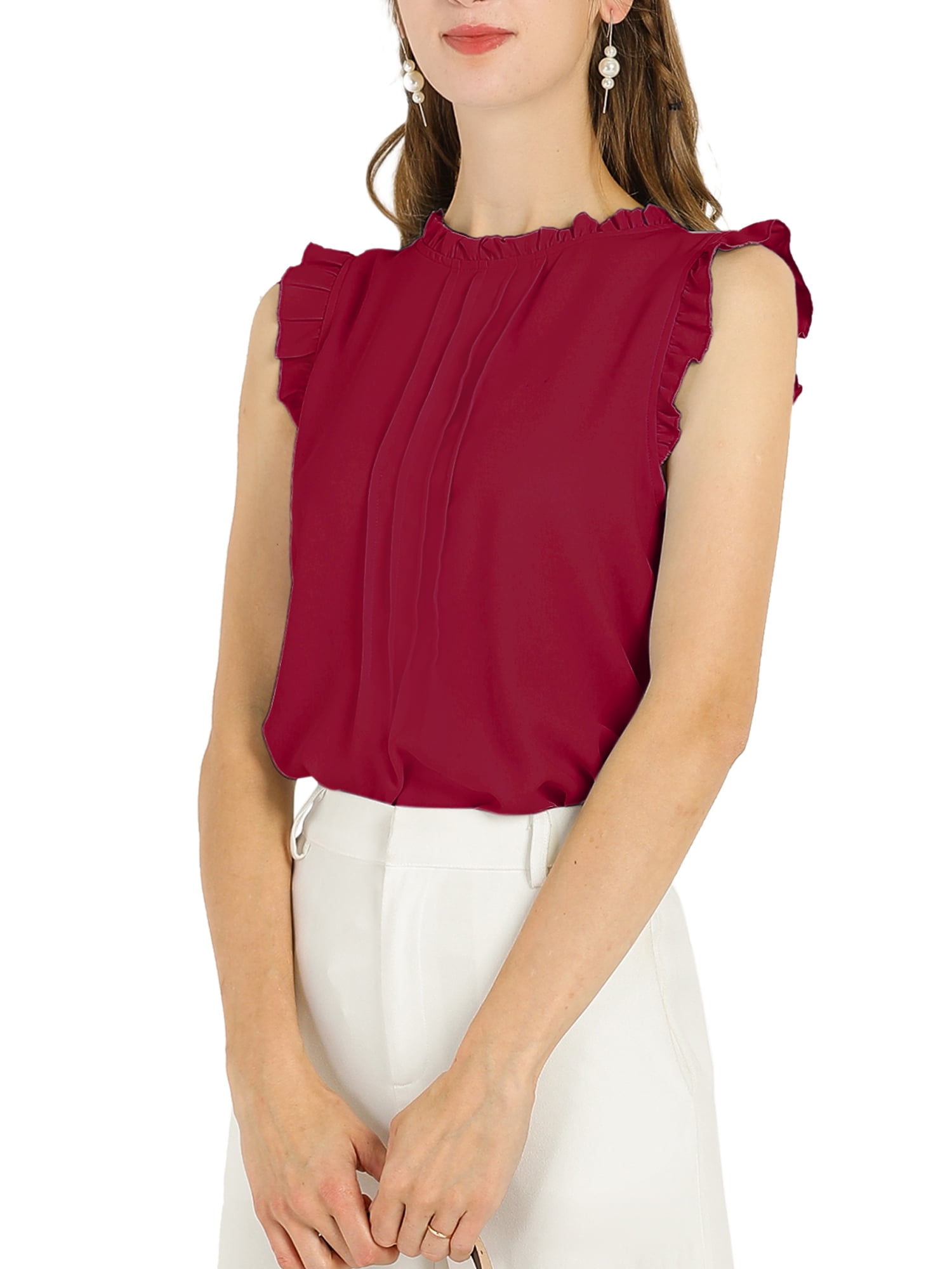 DARING DIVA Women's Ruffled Trim Pleated Plain Blouse Top L Burgundy