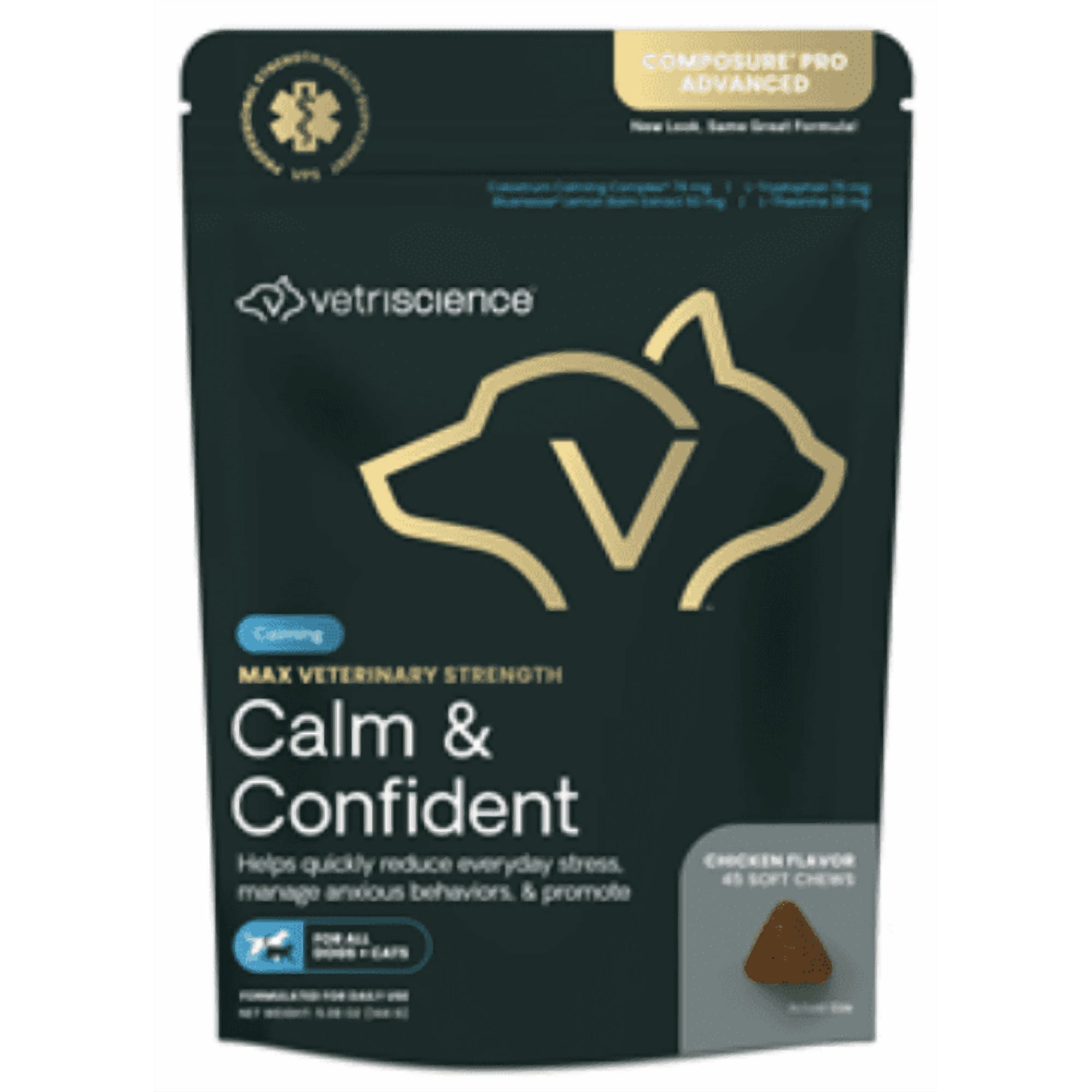 VetriScience Composure Pro Max Veterinary Strength Calm and Confident Soft Chews for All Dogs and Cats, Chicken Flavor, 45 Count