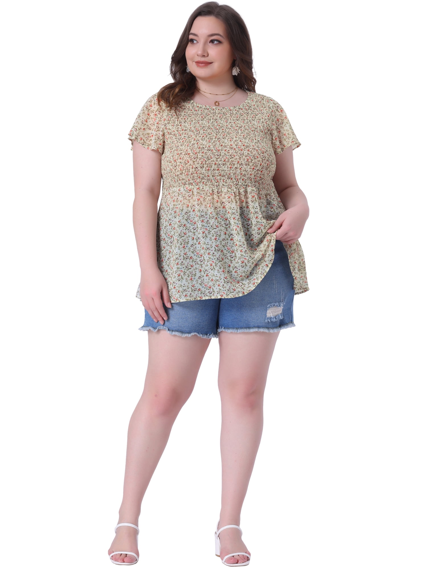 DARING DIVA Women's Plus Chiffon Flare Short Sleeves Floral Top 1X Apricot