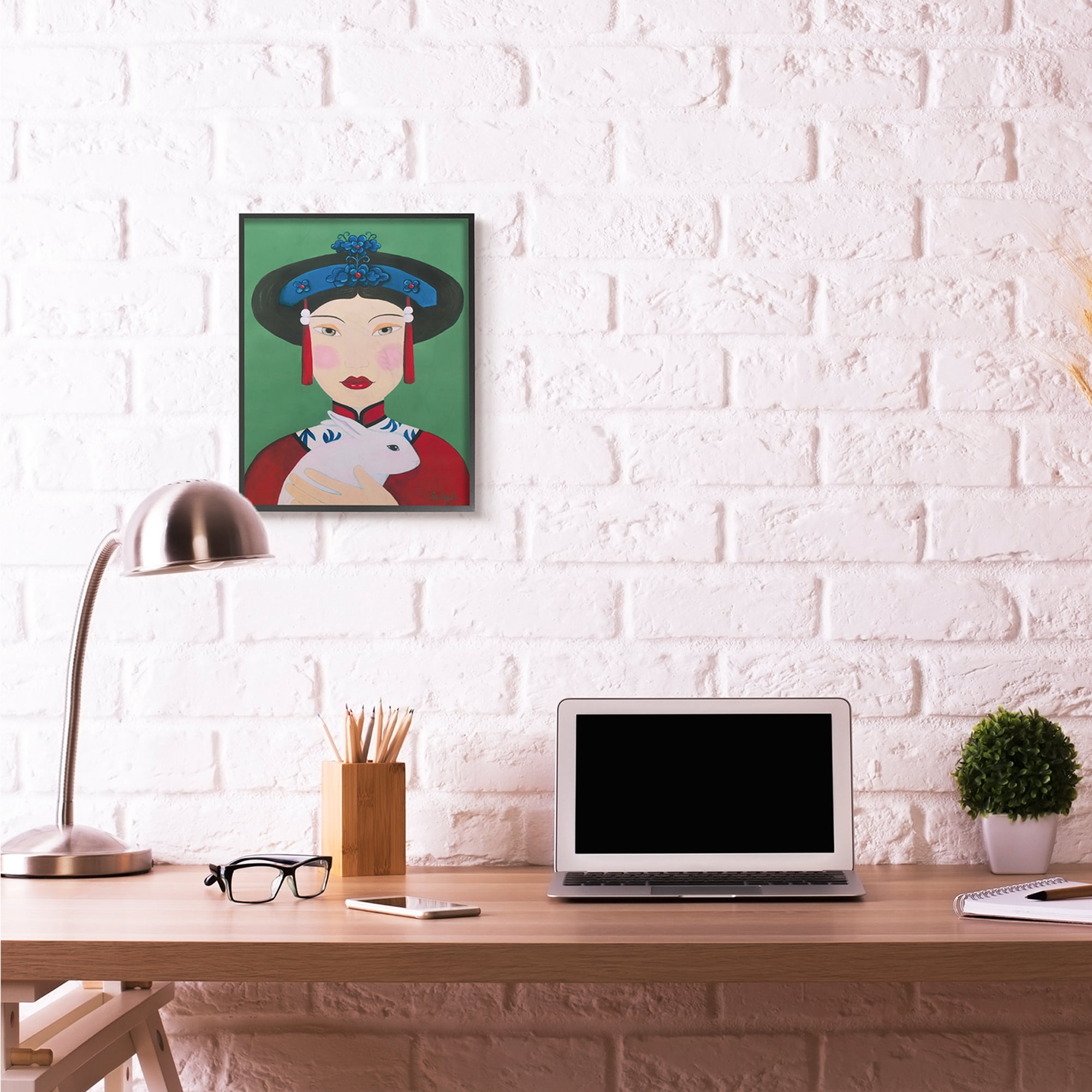 Stupell Industries Chinese Woman And Rabbit Green Red Painting Framed Wall Art by Sally B, 16" x 20", Black Framed