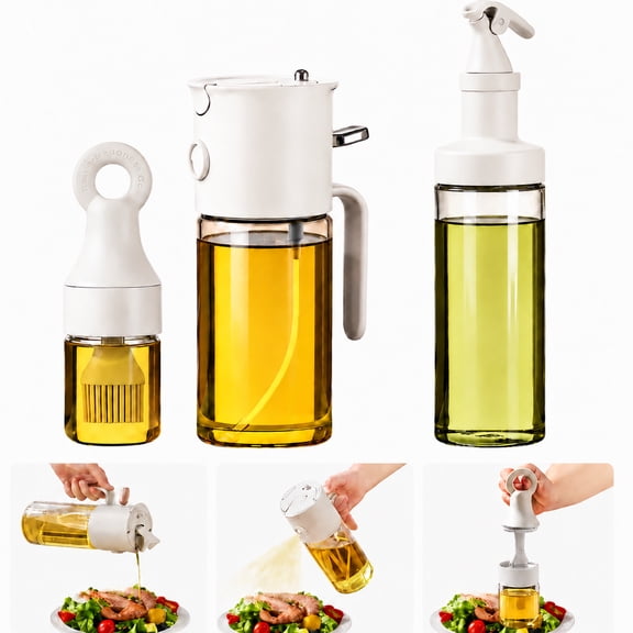 580ml Olive Oil Sprayer Bottle, 3-In-1 Dispenser Bottle, Free 2-Piece Kitchen Gadgets (Basting Brush & Spice Shaker) For Kitchen, Air Fryer, Baking, BBQ & Salad