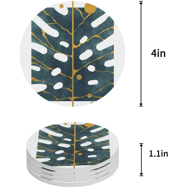 RYLABLUE Vert Feuille d'Or Veines Ensemble de 6 Coaster Rond pour les Boissons, Absorbant en Céramique Coasters en Pierre Tapis de Tasse avec Base en Liège pour la Maison Cuisine Salle Café Table Bar Décor