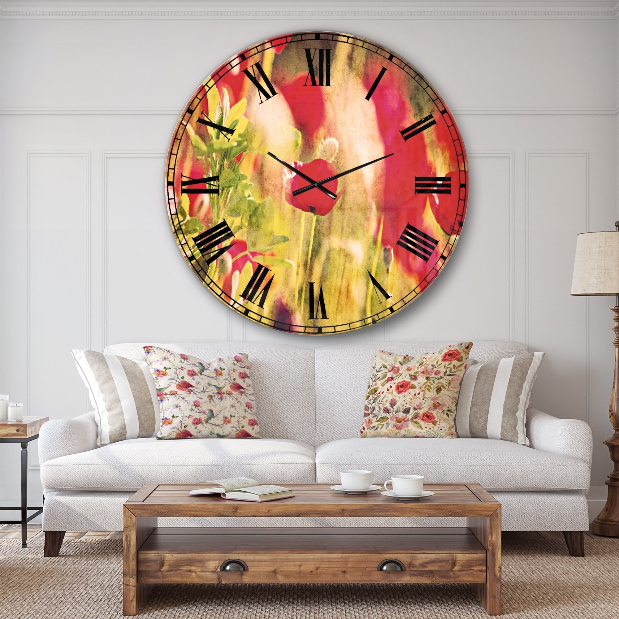 Designart 'Red Poppies on Green Background' Traditional wall clock