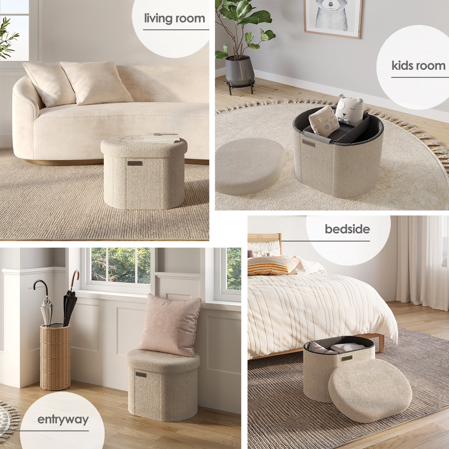 Hearth & Harbor Oval Storage Ottoman Bench, Boucle 18" Ottoman with Storage , Beige