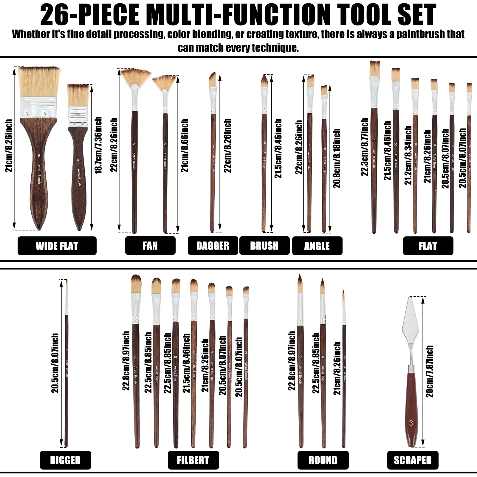 Threns Paint Brush Set,26Pcs Watercolor Acrylic Paint Brushes with Flat,Filbert,Fan,Dagger,Cat Tongue,Round,Palette Knife,Professional Paintbrush Kit for Artist,Oil,Face Painting